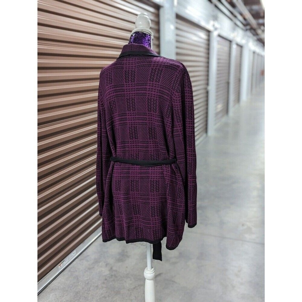 Purple & Black Houndstooth Collared Cardigan Sweater with Belt Quiet Luxury XL - Picture 7 of 9